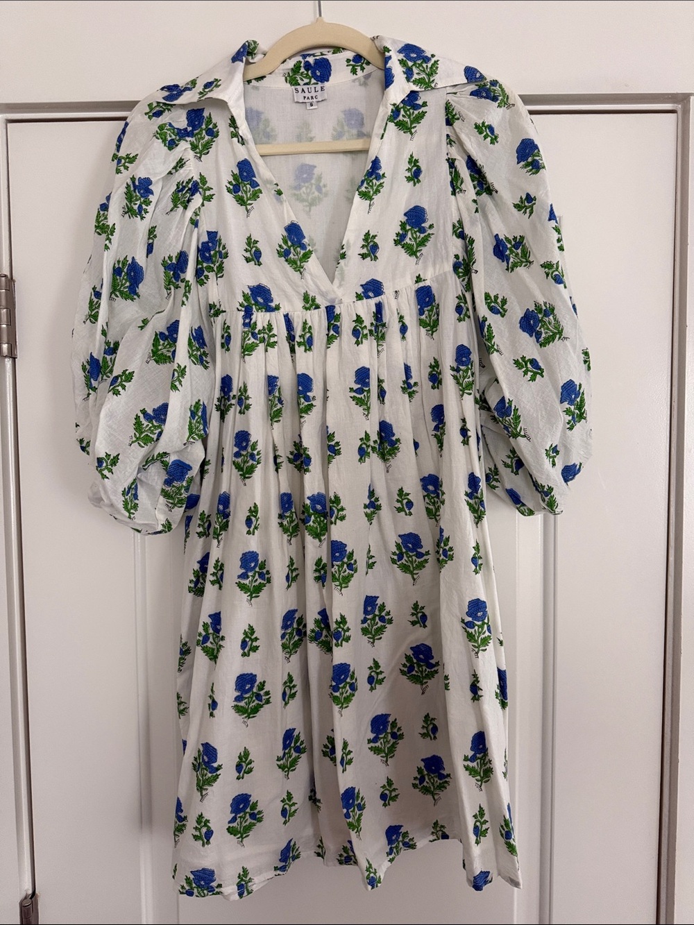 Boutique Brand White Mini Dress with Blue Floral & Green Block Print pattern